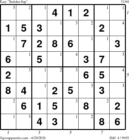 The grouppuzzles.com Easy Sudoku-8up puzzle for Friday June 28, 2024 with all 4 steps marked