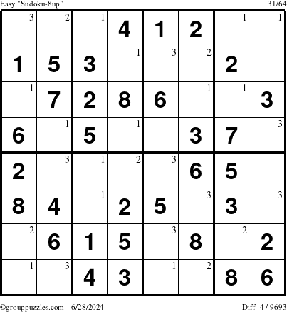 The grouppuzzles.com Easy Sudoku-8up puzzle for Friday June 28, 2024 with the first 3 steps marked