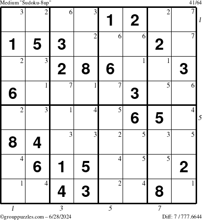 The grouppuzzles.com Medium Sudoku-8up puzzle for Friday June 28, 2024 with all 7 steps marked