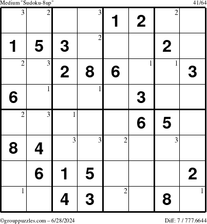 The grouppuzzles.com Medium Sudoku-8up puzzle for Friday June 28, 2024 with the first 3 steps marked