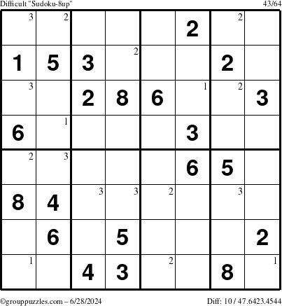 The grouppuzzles.com Difficult Sudoku-8up puzzle for Friday June 28, 2024 with the first 3 steps marked