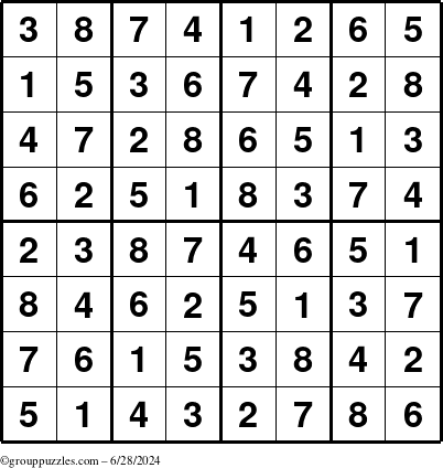 The grouppuzzles.com Answer grid for the Sudoku-8up puzzle for Friday June 28, 2024