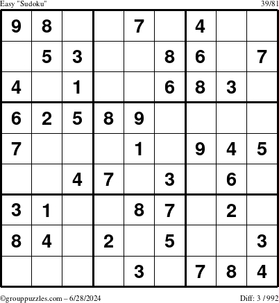 The grouppuzzles.com Easy Sudoku puzzle for Friday June 28, 2024