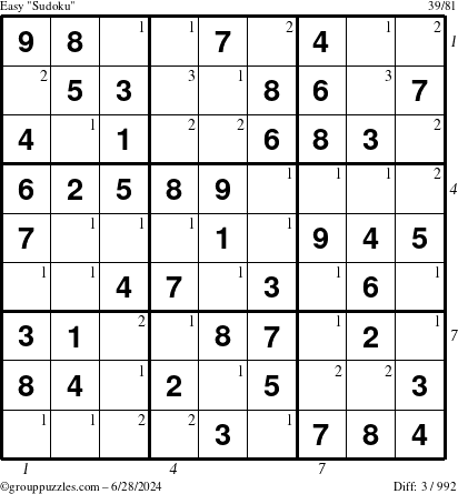 The grouppuzzles.com Easy Sudoku puzzle for Friday June 28, 2024 with all 3 steps marked