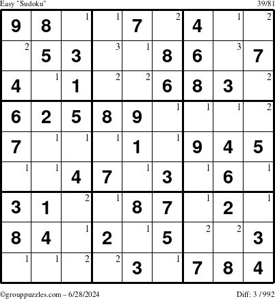 The grouppuzzles.com Easy Sudoku puzzle for Friday June 28, 2024 with the first 3 steps marked