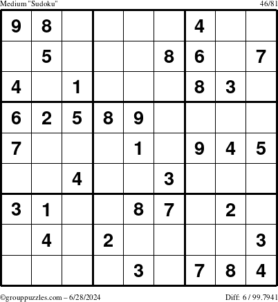 The grouppuzzles.com Medium Sudoku puzzle for Friday June 28, 2024