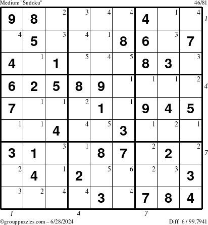 The grouppuzzles.com Medium Sudoku puzzle for Friday June 28, 2024, suitable for printing, with all 6 steps marked