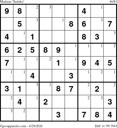 The grouppuzzles.com Medium Sudoku puzzle for Friday June 28, 2024 with the first 3 steps marked