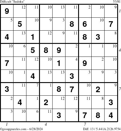 The grouppuzzles.com Difficult Sudoku puzzle for Friday June 28, 2024 with all 13 steps marked