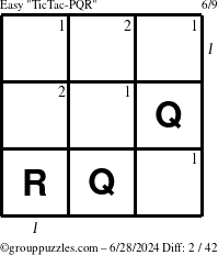 The grouppuzzles.com Easy TicTac-PQR puzzle for Friday June 28, 2024 with all 2 steps marked