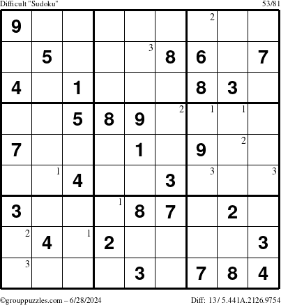 The grouppuzzles.com Difficult Sudoku puzzle for Friday June 28, 2024 with the first 3 steps marked