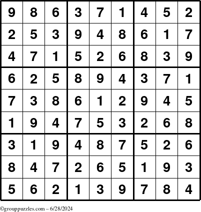 The grouppuzzles.com Answer grid for the Sudoku puzzle for Friday June 28, 2024