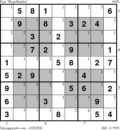 The grouppuzzles.com Easy HyperSudoku puzzle for Friday June 28, 2024 with all 4 steps marked