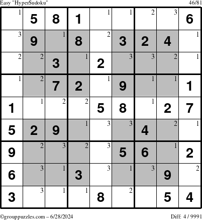 The grouppuzzles.com Easy HyperSudoku puzzle for Friday June 28, 2024 with the first 3 steps marked