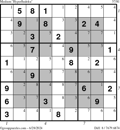 The grouppuzzles.com Medium HyperSudoku puzzle for Friday June 28, 2024, suitable for printing, with all 8 steps marked