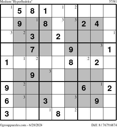 The grouppuzzles.com Medium HyperSudoku puzzle for Friday June 28, 2024 with the first 3 steps marked