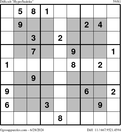 The grouppuzzles.com Difficult HyperSudoku puzzle for Friday June 28, 2024