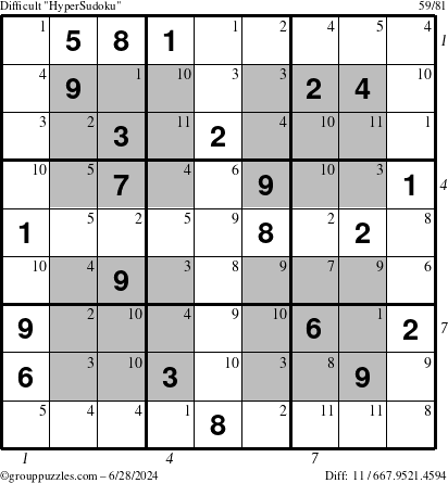 The grouppuzzles.com Difficult HyperSudoku puzzle for Friday June 28, 2024 with all 11 steps marked