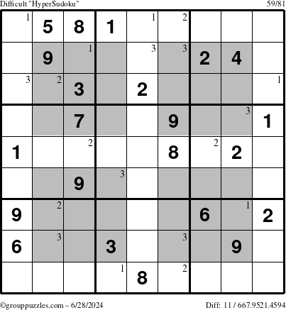 The grouppuzzles.com Difficult HyperSudoku puzzle for Friday June 28, 2024 with the first 3 steps marked