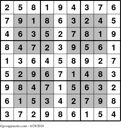 The grouppuzzles.com Answer grid for the HyperSudoku puzzle for Friday June 28, 2024