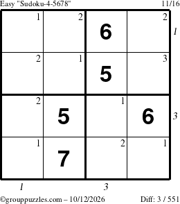 The grouppuzzles.com Easy Sudoku-4-5678 puzzle for Monday October 12, 2026 with all 3 steps marked
