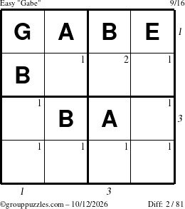 The grouppuzzles.com Easy Gabe puzzle for Monday October 12, 2026, suitable for printing, with all 2 steps marked