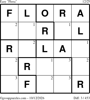 The grouppuzzles.com Easy Flora puzzle for Monday October 12, 2026 with the first 3 steps marked