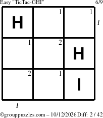 The grouppuzzles.com Easy TicTac-GHI puzzle for Monday October 12, 2026, suitable for printing, with all 2 steps marked
