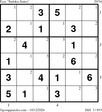 The grouppuzzles.com Easy Sudoku-Junior puzzle for Monday October 12, 2026, suitable for printing, with all 3 steps marked