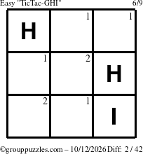 The grouppuzzles.com Easy TicTac-GHI puzzle for Monday October 12, 2026 with the first 2 steps marked