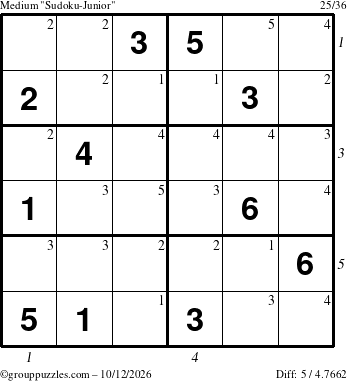 The grouppuzzles.com Medium Sudoku-Junior puzzle for Monday October 12, 2026, suitable for printing, with all 5 steps marked