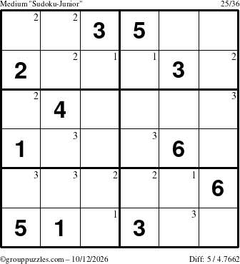 The grouppuzzles.com Medium Sudoku-Junior puzzle for Monday October 12, 2026 with the first 3 steps marked
