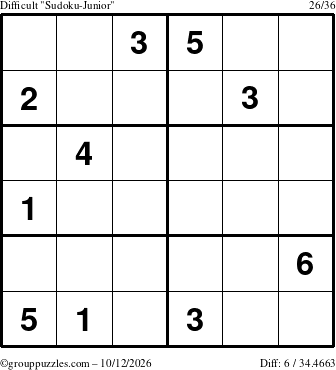 The grouppuzzles.com Difficult Sudoku-Junior puzzle for Monday October 12, 2026
