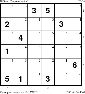 The grouppuzzles.com Difficult Sudoku-Junior puzzle for Monday October 12, 2026 with all 6 steps marked