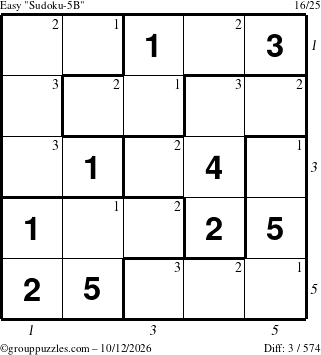 The grouppuzzles.com Easy Sudoku-5B puzzle for Monday October 12, 2026, suitable for printing, with all 3 steps marked