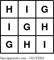 The grouppuzzles.com Answer grid for the TicTac-GHI puzzle for Monday October 12, 2026