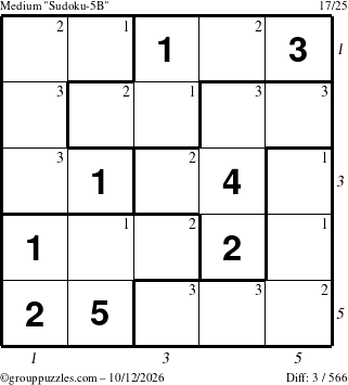 The grouppuzzles.com Medium Sudoku-5B puzzle for Monday October 12, 2026 with all 3 steps marked