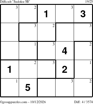 The grouppuzzles.com Difficult Sudoku-5B puzzle for Monday October 12, 2026 with the first 3 steps marked