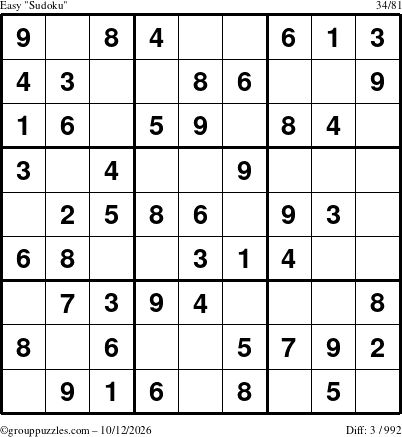 The grouppuzzles.com Easy Sudoku puzzle for Monday October 12, 2026