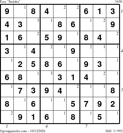 The grouppuzzles.com Easy Sudoku puzzle for Monday October 12, 2026, suitable for printing, with all 3 steps marked