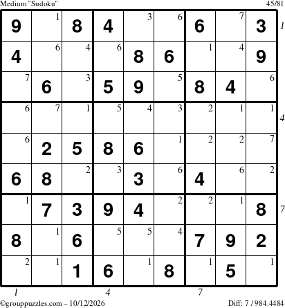 The grouppuzzles.com Medium Sudoku puzzle for Monday October 12, 2026 with all 7 steps marked