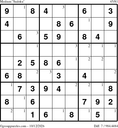 The grouppuzzles.com Medium Sudoku puzzle for Monday October 12, 2026 with the first 3 steps marked