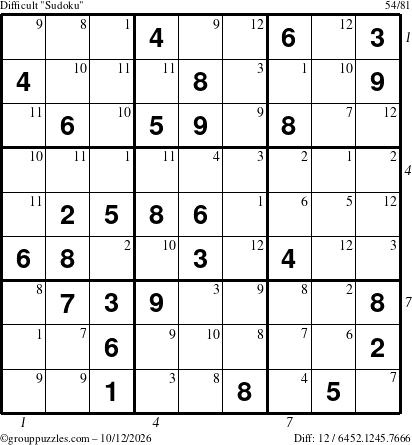 The grouppuzzles.com Difficult Sudoku puzzle for Monday October 12, 2026 with all 12 steps marked