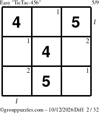 The grouppuzzles.com Easy TicTac-456 puzzle for Monday October 12, 2026 with all 2 steps marked