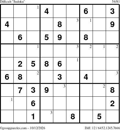 The grouppuzzles.com Difficult Sudoku puzzle for Monday October 12, 2026 with the first 3 steps marked