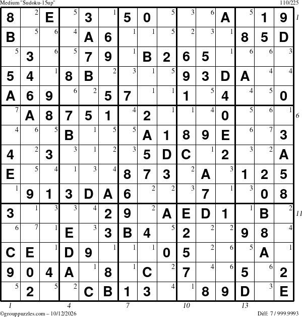 The grouppuzzles.com Medium Sudoku-15up puzzle for Monday October 12, 2026, suitable for printing, with all 7 steps marked