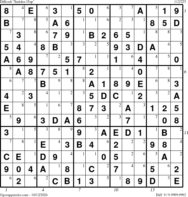 The grouppuzzles.com Difficult Sudoku-15up puzzle for Monday October 12, 2026 with all 9 steps marked