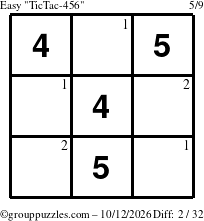 The grouppuzzles.com Easy TicTac-456 puzzle for Monday October 12, 2026 with the first 2 steps marked