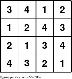 The grouppuzzles.com Answer grid for the Sudoku-4 puzzle for Thursday May 7, 2026