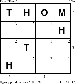 The grouppuzzles.com Easy Thom puzzle for Thursday May 7, 2026 with all 3 steps marked